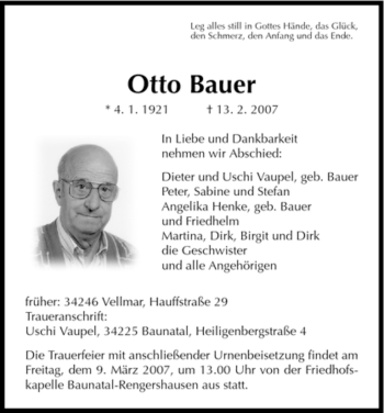 Traueranzeige von Bauer Otto von HNA