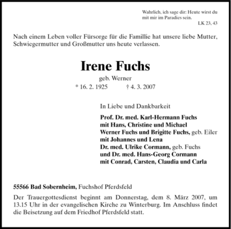  Traueranzeige für Fuchs Irene vom 06.03.2007 aus HNA