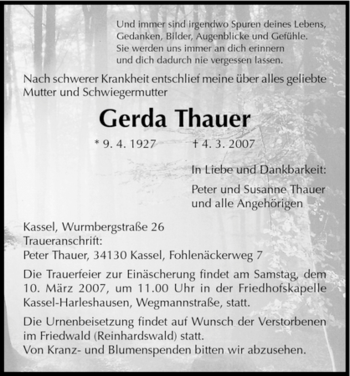Traueranzeige von Gerda Thauer von HNA
