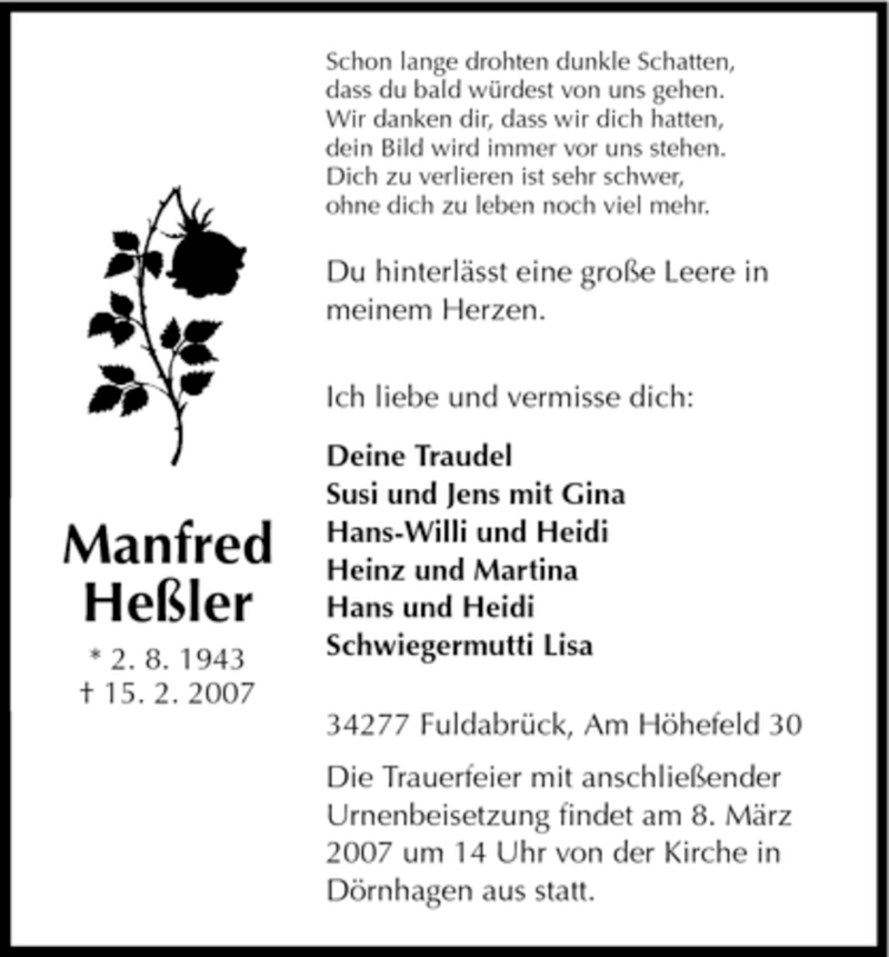 Traueranzeige für Manfred Heßler vom 07.03.2007 aus HNA