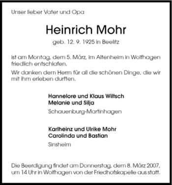 Traueranzeige von Heinrich Mohr von HNA