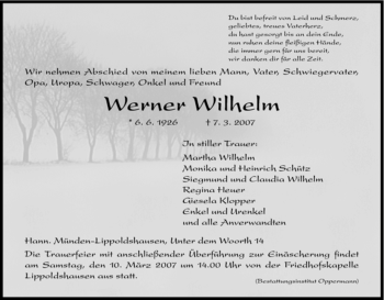 Traueranzeige von Werner Wilhelm von HNA