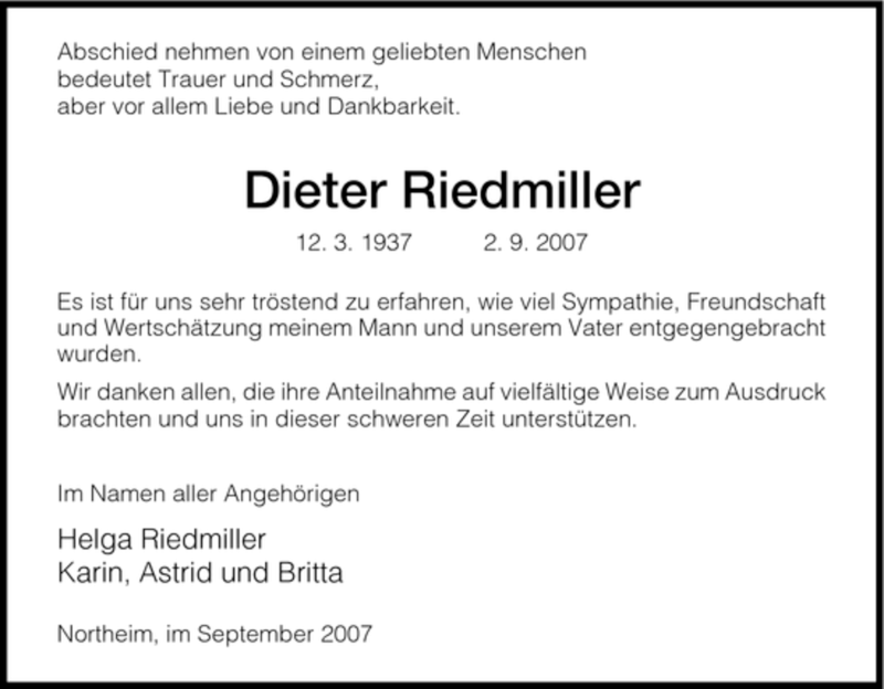  Traueranzeige für Dieter Riedmiller vom 22.09.2007 aus HNA