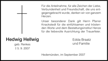 Traueranzeige von Hedwig Hellwig von HNA