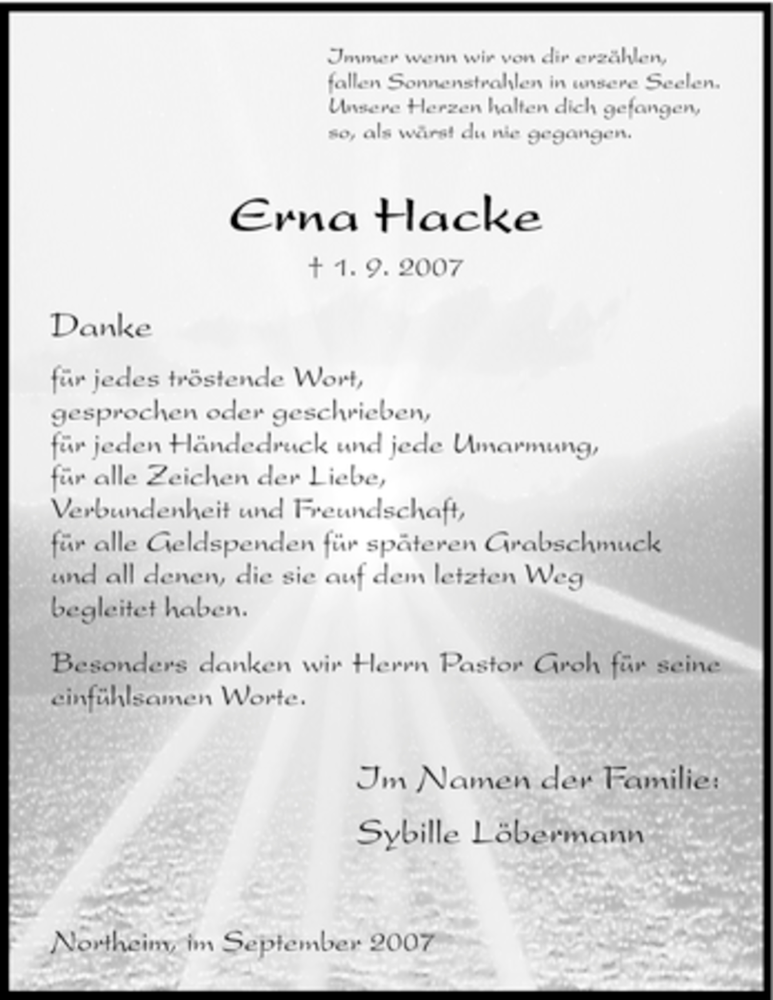  Traueranzeige für Erna Hacke vom 22.09.2007 aus HNA