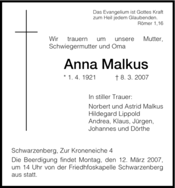 Traueranzeige von Anna Malkus von HNA