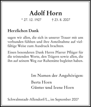 Traueranzeige von Adolf Horn von HNA