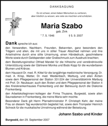 Traueranzeige von Maria Szabo von HNA