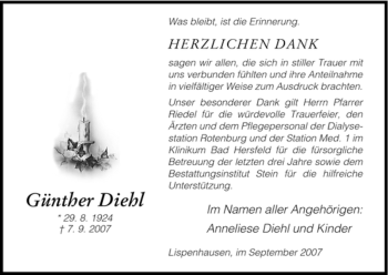 Traueranzeige von Günther Diehl von HNA