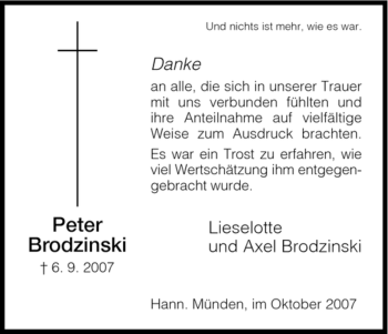 Traueranzeige von Peter Brodzinski von HNA