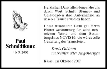 Traueranzeige von Paul Schmidtkunz von HNA