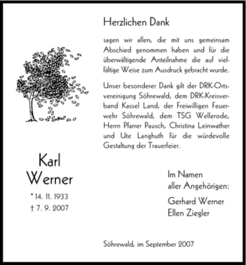 Traueranzeige von Karl Werner von HNA