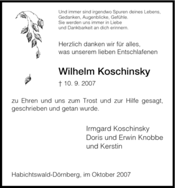 Traueranzeige von Wilhelm Koschinsky von HNA