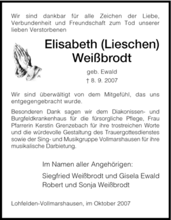 Traueranzeige von Elisabeth Weißbrodt von HNA