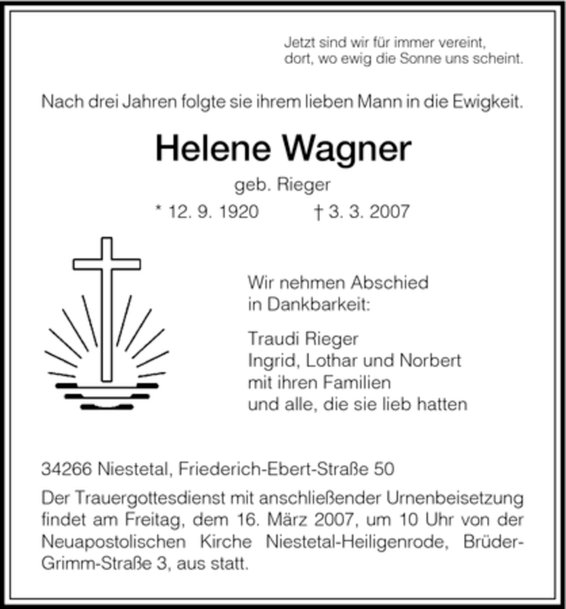 Traueranzeigen von Helene Wagner | Trauer.HNA.de