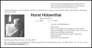 Traueranzeige von Horst Hübenthal von HNA