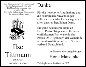 Traueranzeige von Ilse Tittmann von HNA