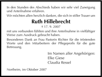 Traueranzeige von Ruth Hillebrecht von HNA