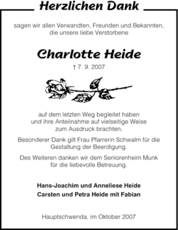 Traueranzeige von Charlotte Heide von HNA