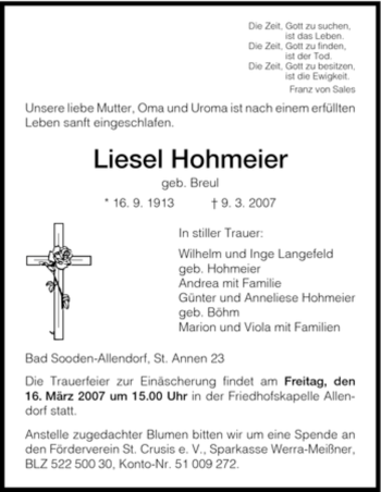Traueranzeige von Liesel Hohmeier von HNA