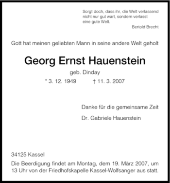 Traueranzeige von Georg Ernst Hauenstein von HNA