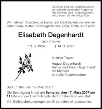 Traueranzeige von Elisabeth Degenhardt von HNA