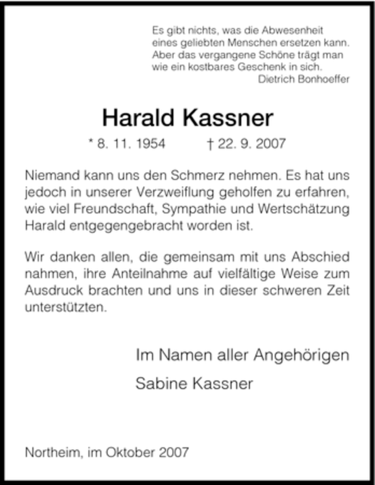  Traueranzeige für Harald Kassner vom 13.10.2007 aus HNA