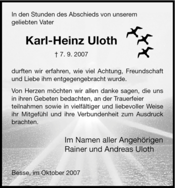 Traueranzeige von Karl-Heinz Uloth von HNA