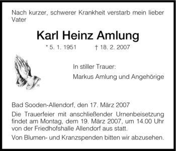 Traueranzeige von Karl Heinz Amlung von HNA