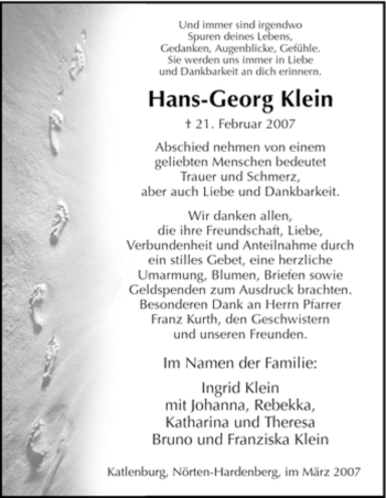 Traueranzeige von Hans-Georg Klein von HNA