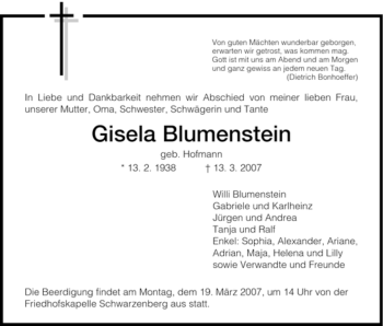 Traueranzeige von Gisela Blumenstein von HNA