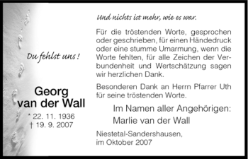 Traueranzeige von Georg van der Wall von HNA