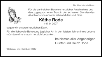 Traueranzeige von Käthe Rode von HNA