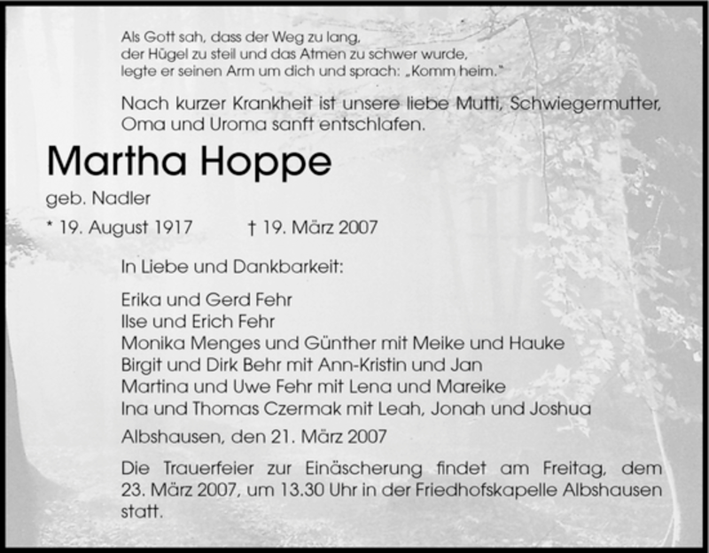  Traueranzeige für Martha Hoppe vom 21.03.2007 aus HNA