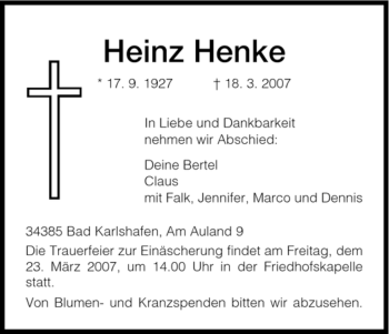 Traueranzeige von Heinz Henke von HNA