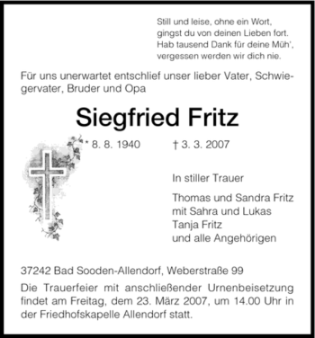 Traueranzeige von Siegfried Fritz von HNA