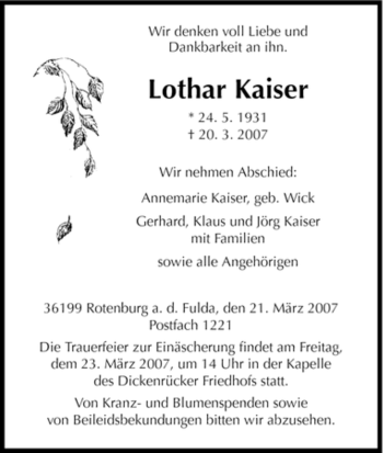 Traueranzeige von Lothar Kaiser von HNA