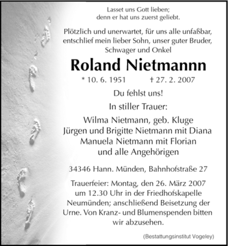  Traueranzeige für Roland Nietmann vom 22.03.2007 aus HNA