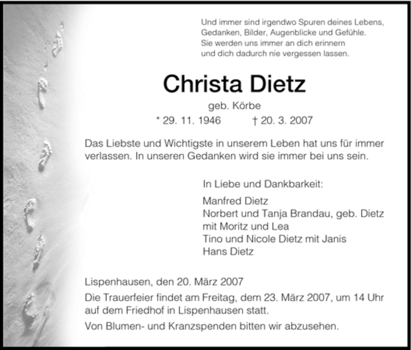  Traueranzeige für Christa Dietz vom 22.03.2007 aus HNA