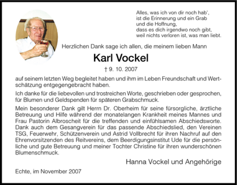  Traueranzeige für Karl Vockel vom 03.11.2007 aus HNA