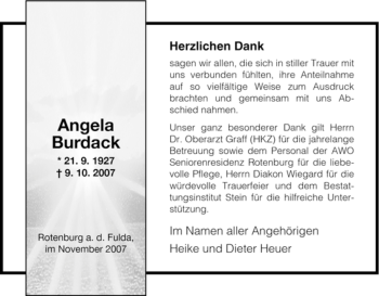 Traueranzeige von Angela Burdack von HNA