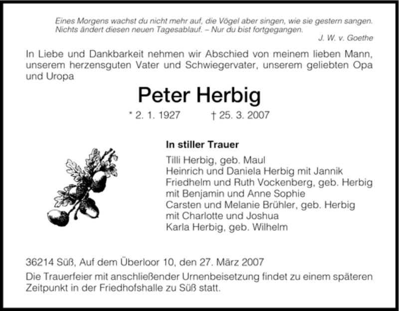  Traueranzeige für Peter Herbig vom 28.03.2007 aus HNA