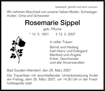 Traueranzeige von Rosemarie Sippel von HNA