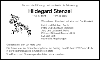 Traueranzeige von Hildegard Stenzel von HNA