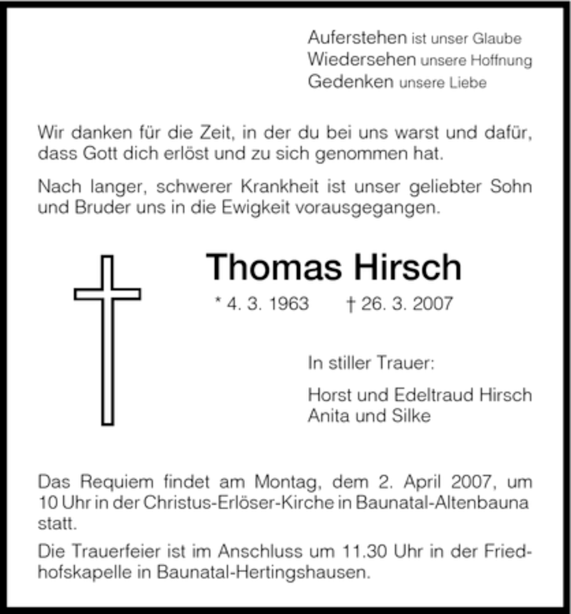  Traueranzeige für Thomas Hirsch vom 30.03.2007 aus HNA