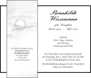 Traueranzeige von Brunhilde Wissemann von HNA