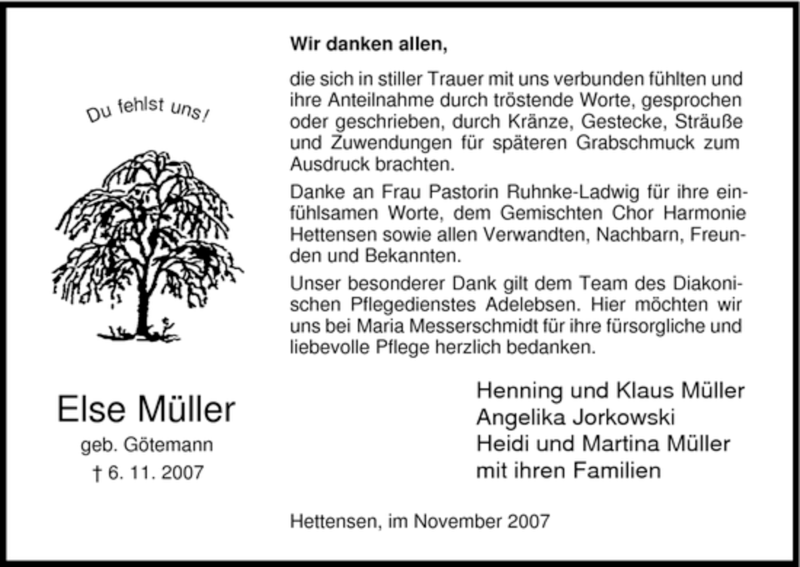  Traueranzeige für Else Müller vom 24.11.2007 aus HNA