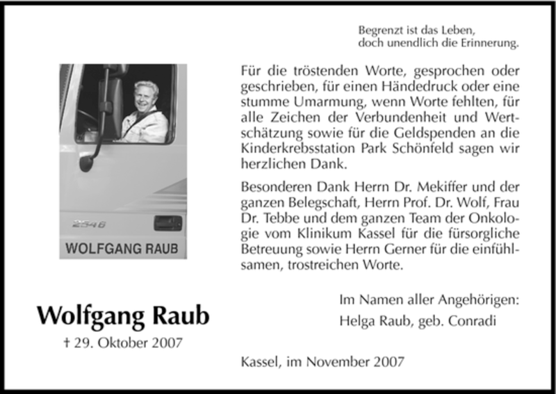  Traueranzeige für Wolfgang Raub vom 30.11.2007 aus HNA