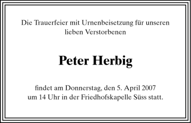  Traueranzeige für Peter Herbig vom 04.04.2007 aus HNA