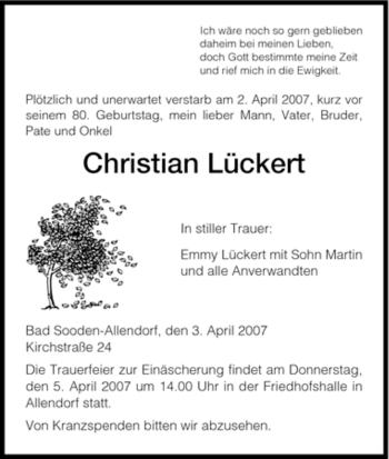 Traueranzeige von Christian Lückert von HNA